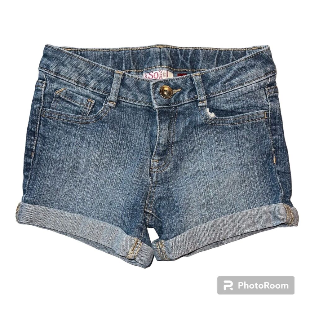 SO Girls Denim Blue Jean Shorts Rolled Cuff Mid Wash Summer Size 10